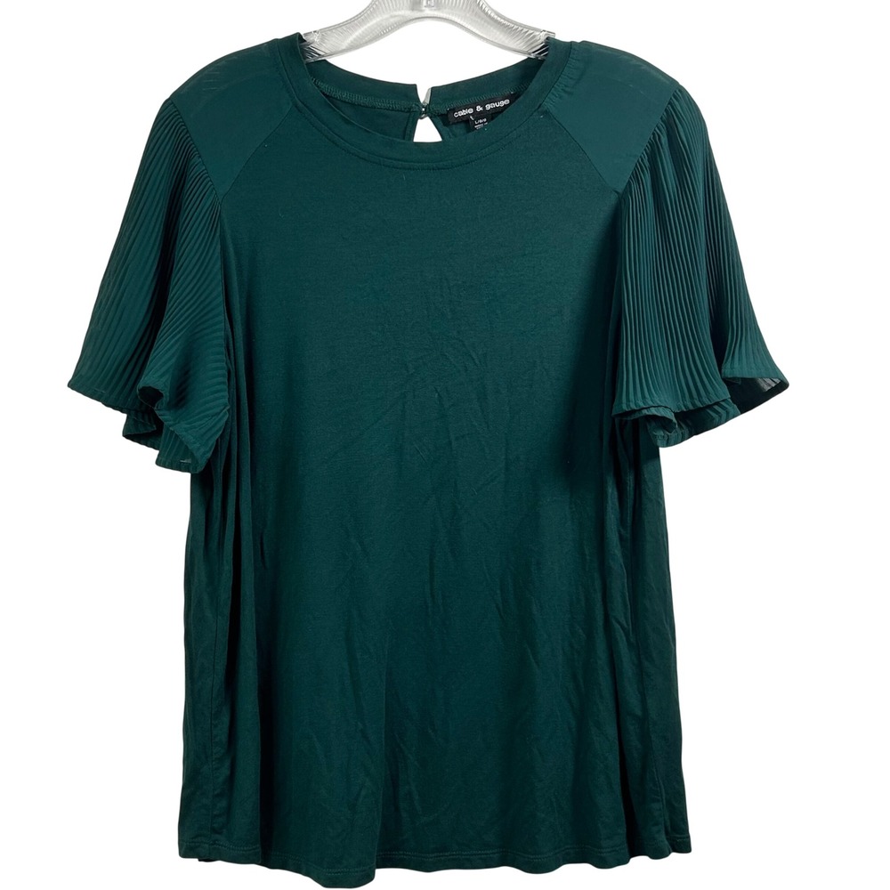 Cable & Gauge Womens Hunter Green Pleated Chiffon Flutter Sleeve Top Large